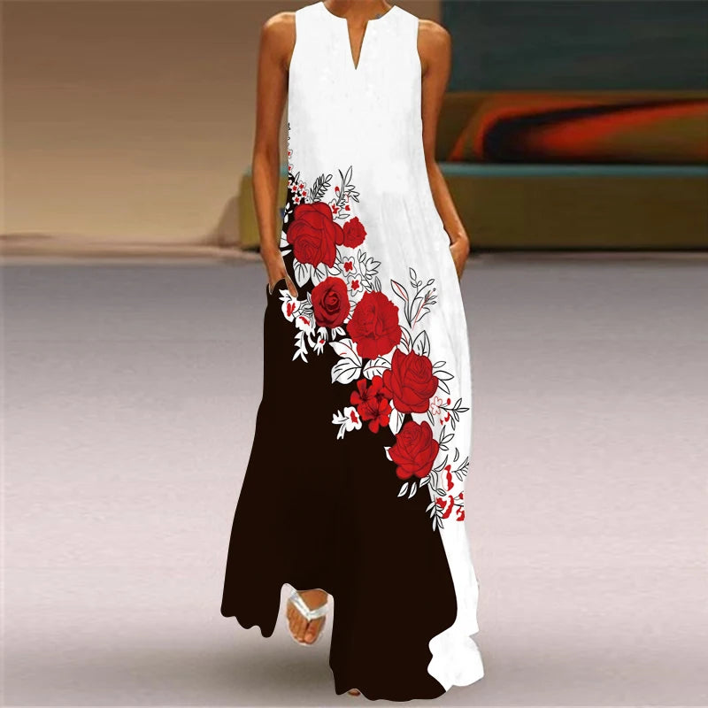 Elegant Dresses for Woman 3D Printed Dresses Summer Sleeveless V-Neck Long Dress Ladies Casual Elegant Beach Party Maxi Dresses