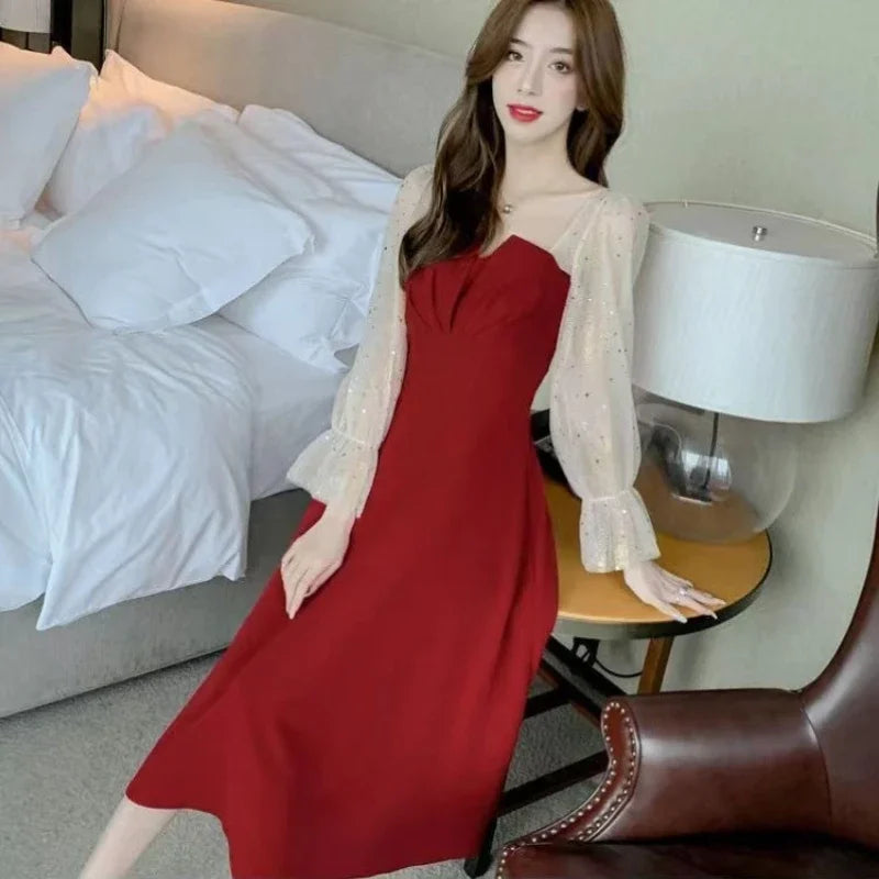 Red Dresses For Women Party Korean Style Elegant Luxury Elastic On Sales Full High Quality Prom Evening Woman Long Sleeve Dress