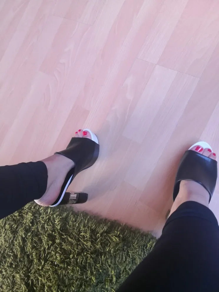 Ladies Leather Sole Slippers Women Sexy High Heel Mules Clogs Black Peep Toe Platform Mules Emal Slip on Sandals Shoes2022