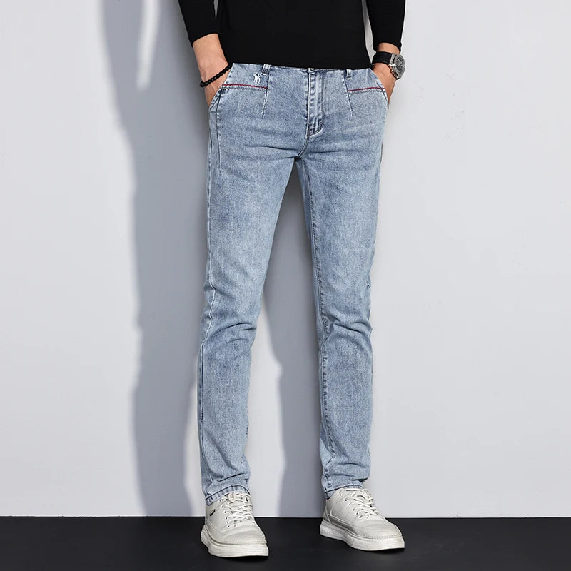 New Men's Jeans Slim Fit Stretch Straight Vintage Trendy Denim Pants Korean Washed Soft Versatile Fashion Trousers Streetwear