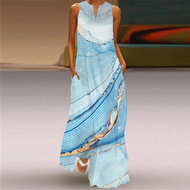 Elegant Dresses for Woman 3D Printed Dresses Summer Sleeveless V-Neck Long Dress Ladies Casual Elegant Beach Party Maxi Dresses
