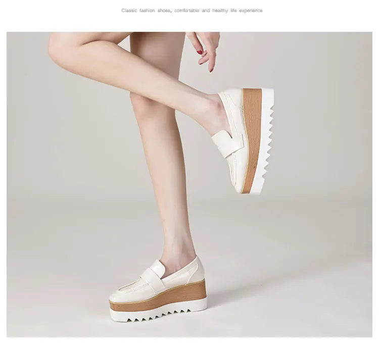 8cm Heeled Platform Wedges Shoes Womens High Heels Casual Lazy Shoes Square Toe Wedge Creepers Pumps Damen Black