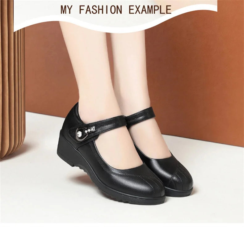 Women's Wedge Anti-slip  Ankle Strap Casual Office Comfortable Soft Leather Shallow Mouth Mom Shoes  Middle-aged Elderly