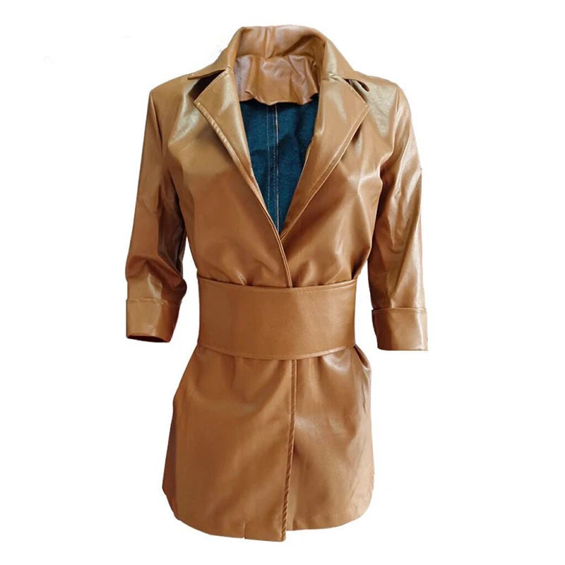 Elegant Leather Women's Dress Sexy V Neck Leather Mid Length PU Leather Waist Closure Dresses Trend Turn Down Dress With Belt