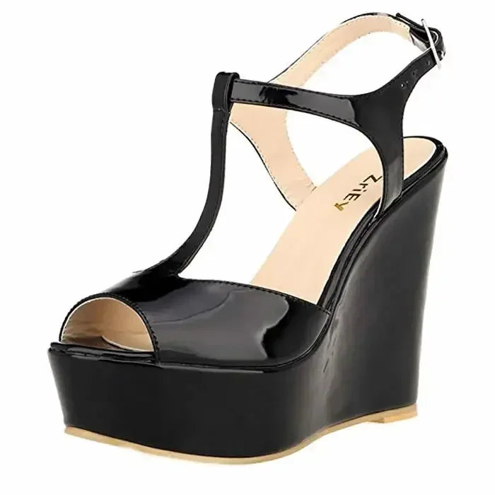 Women Wedge Sandals 2026 New Summer 14cm Open Toe Sexy Ankle Strap High Heels Patent Leather Platform Pumps Party Wedding Shoes