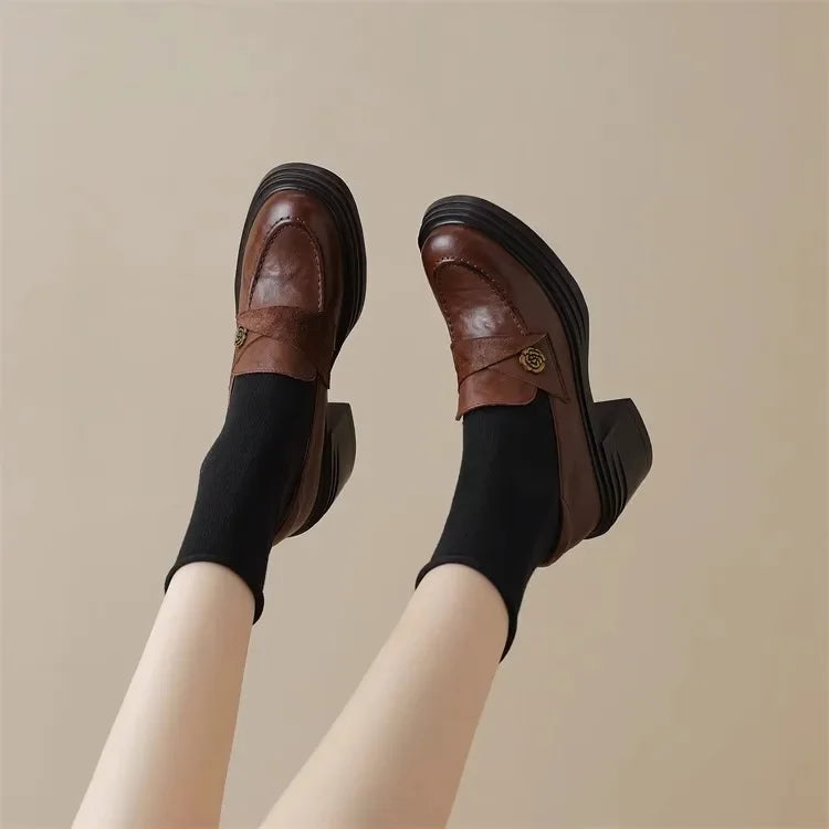 Women High Heel Shoes 2025 Retro Spring Autumn Performance Causal Women's Loafers Fashion Versatile Pumps Ladies Leather Shoes