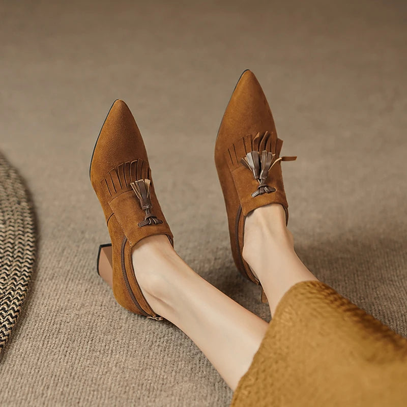 2025 Spring Women Shoes Pointed Toe Chunky Heel Women Pumps Sheep Suede High Heels Belt Buckle Shoes for Women zapatos de mujer