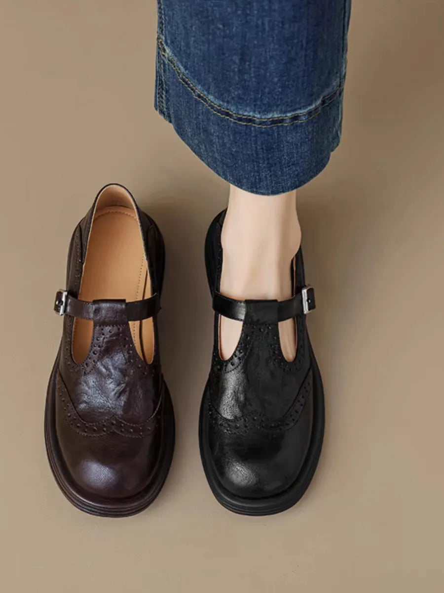 Women's Shoes T Strap Casual Vintage Lambskin Openwork Flower Flat Heel Loafers Women New Shoes Round Head  Leisure Daily Shoe