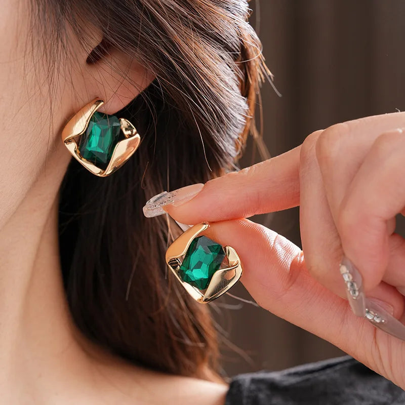 Green Fashion Wedding Jewelry Set Wholesale Square Earring Retro Light Luxury Temperament Collarbone Chain Necklace
