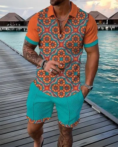 Men's Polo Tracksuit Set Summer Fashion Men Short Sleeve Zipper Polo Shirt&Shorts Set for Men Casual Streetwear 2 Piece Suit