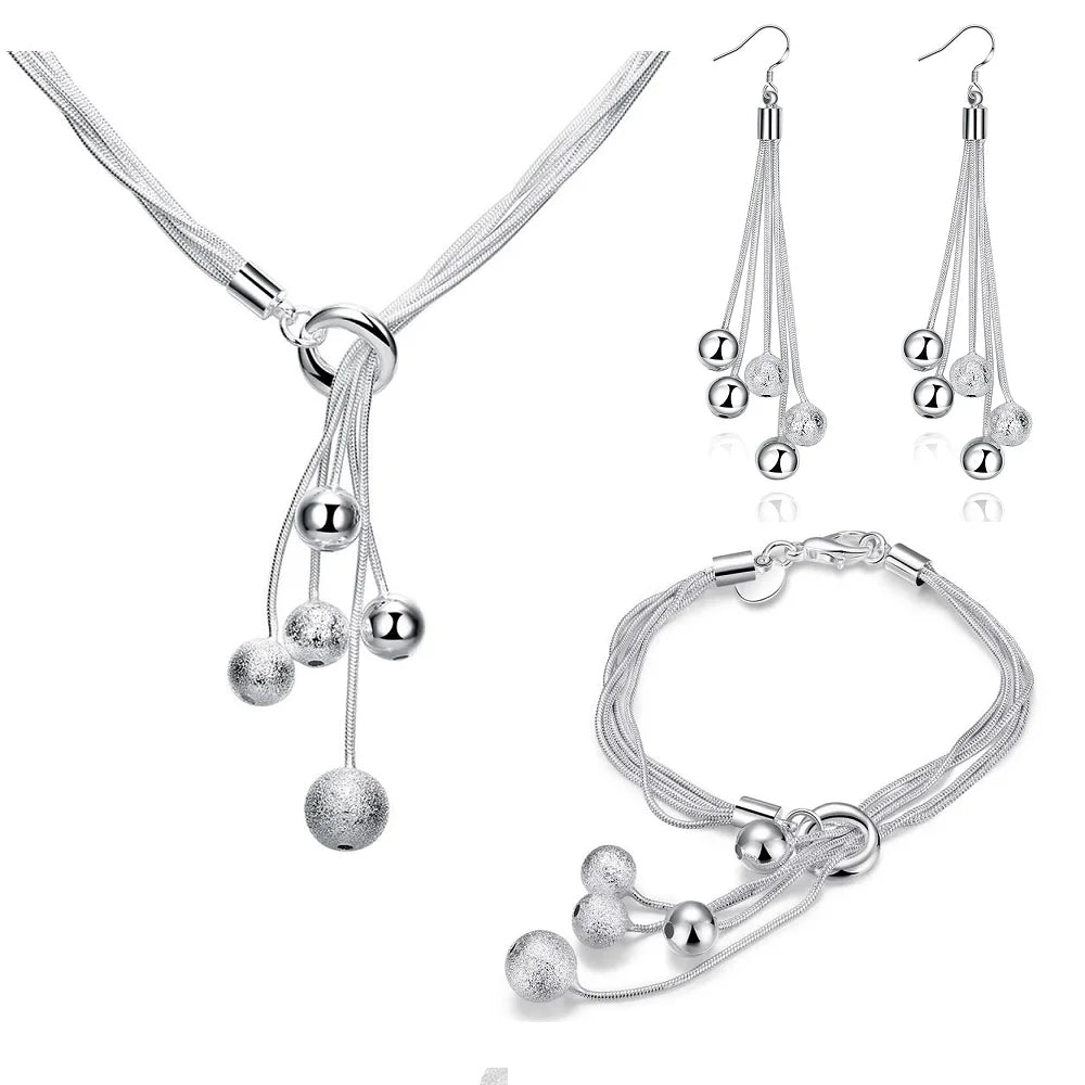 Wholesale Fine Designer 925 Sterling Silver Tassels Beads Bracelets Necklace Earring Jewelry Set Fashion Party Wedding Gift