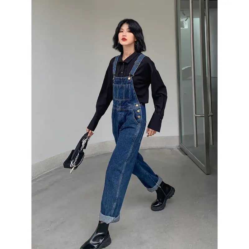 Jumpsuits Women Dark Blue Vintage Streetwear Harajuku Casual Fashion High Waist Loose Overalls Ulzzang Denim Suspenders Trousers