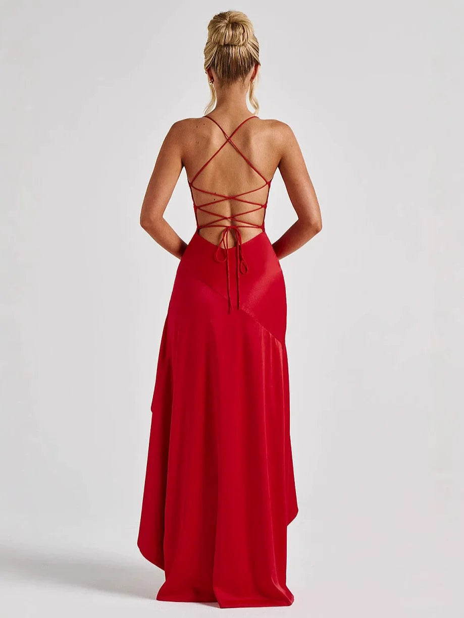 Tesco Red Sexy Evening Dresses Spaghetti Straps Asymmetrical Ruffle Prom Dresses Smooth Satin Women Summer Long Dresses