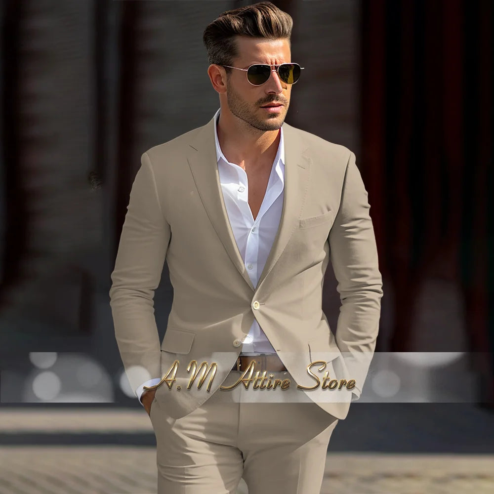 Men's linen suit 2-piece peak lapel jacket pants for summer beach wedding groom prom party tailor-made casual formal outfit
