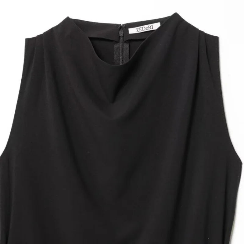 Elegant Black Sleeveless Blouse for Women with Belt Summer Casual Tank Top Back Zipper Work Office Wear Casual Daily Outfits Top