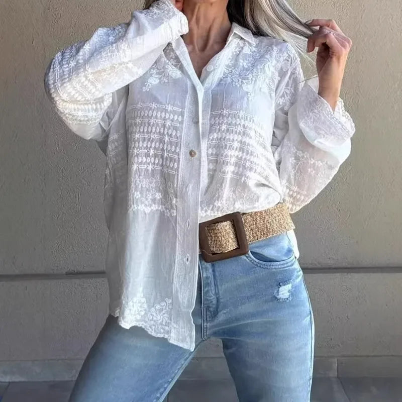 Women's Boho Embroidered Blouse Long Sleeve Button Down Shirt Casual Loose Fit Lace Trim White Cotton Top for Summer Vacation