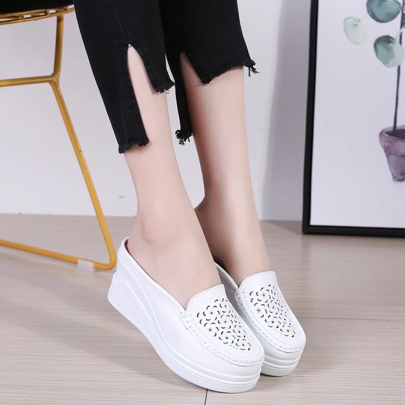 STRONGSHEN Women Slippers Casual Hollow Out Heel Wedge Thick Bottom Increase by 8cm Half Slippers Women's Non slip Fashion Shoes