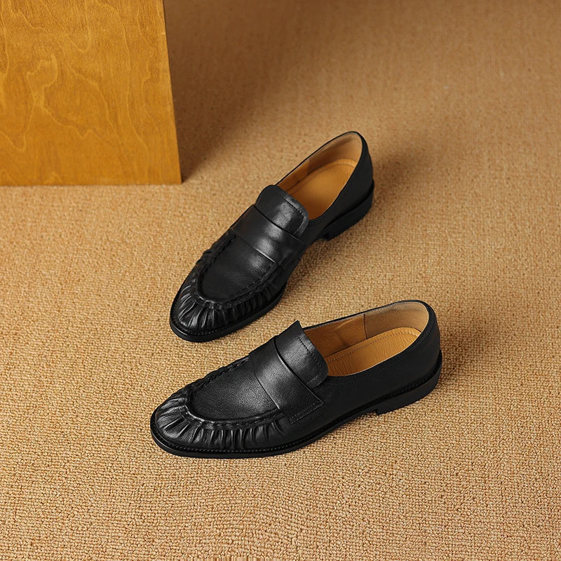 Women Shoes Spring Simple Shoes Soft Flats Slip On Girl Pleated Footwear Handmade Round Toe Genuine Leather Cozy Vintage Shoes
