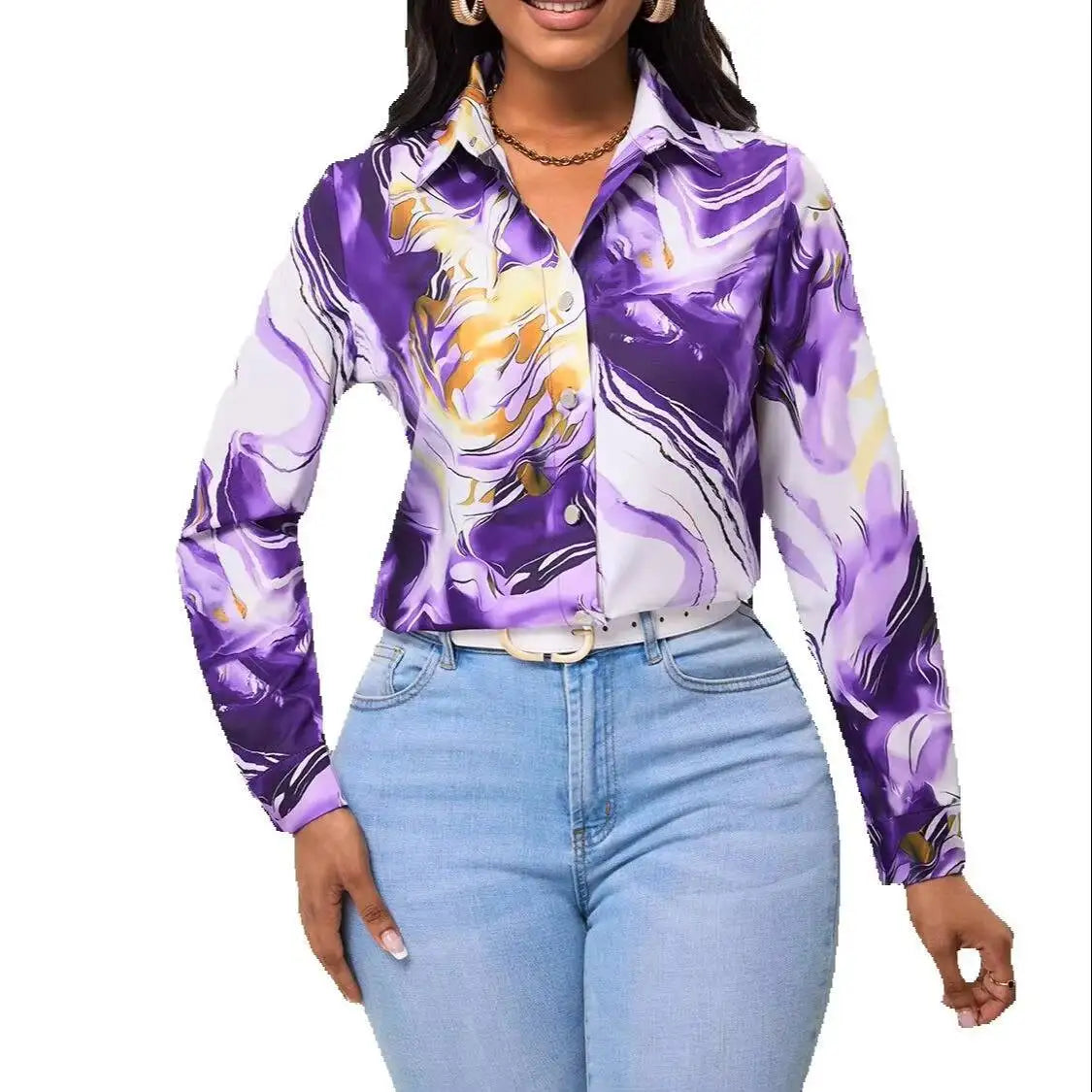 Women's Blouse Spring Summer Purple Gold Marble Print Collar Front Button Long Sleeve Satin Luxury Elegant Daily Office Top