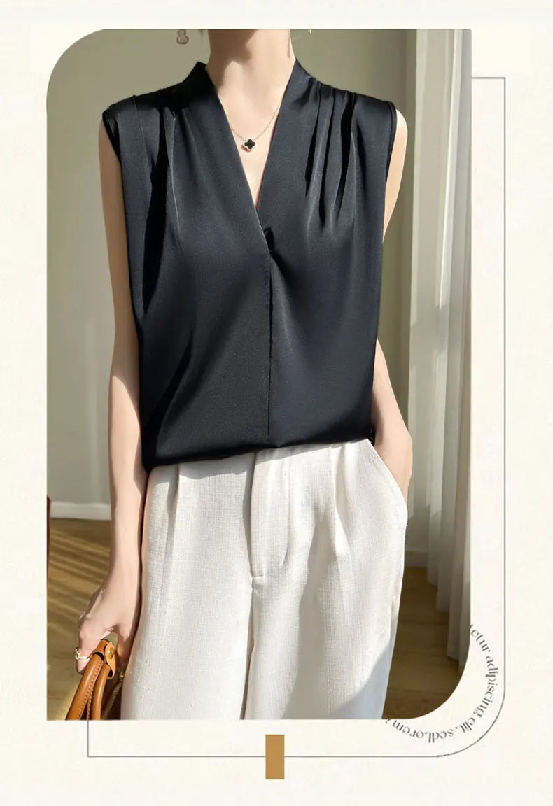 Womens Tops Blouses Solid Color White Satin Blouse Office Shirt Blusas Sleeveless Women Shirts Black White Female YTM A31