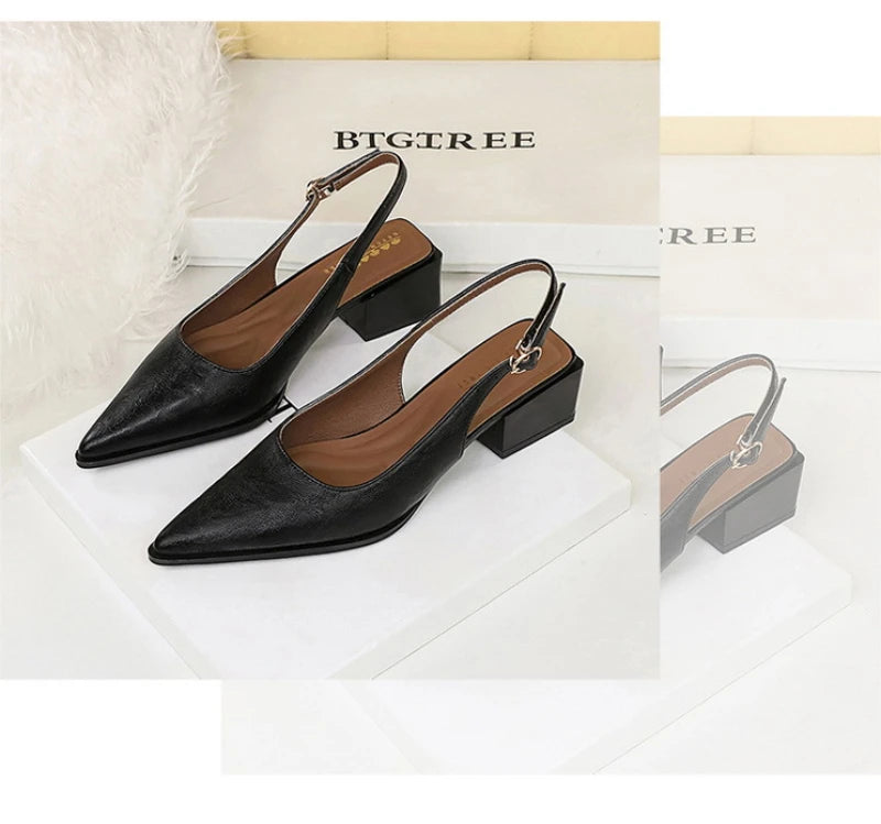 Simple And High-End Women's Shoes With Thick Heels Shallow Mouth Pointed Toe Slim Pedicures With Empty Back Tripping Mid-Heeled