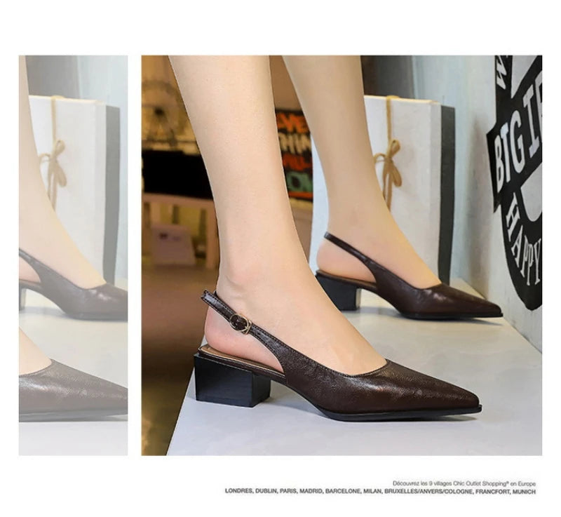 Simple And High-End Women's Shoes With Thick Heels Shallow Mouth Pointed Toe Slim Pedicures With Empty Back Tripping Mid-Heeled