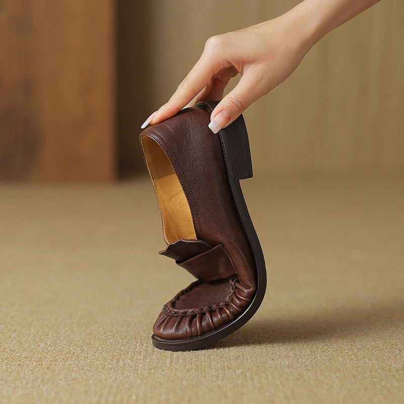 Women Shoes Spring Simple Shoes Soft Flats Slip On Girl Pleated Footwear Handmade Round Toe Genuine Leather Cozy Vintage Shoes