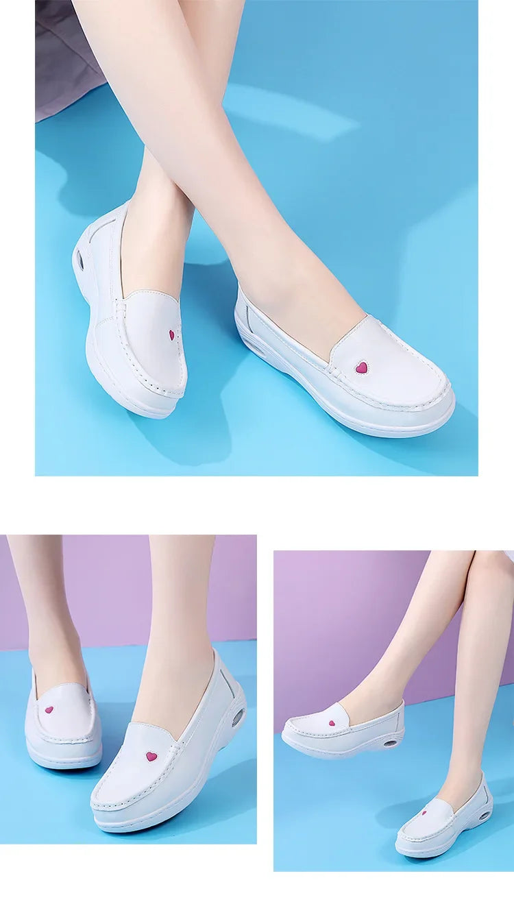 2025 New Women Flat Leather Shoes Casual White Wedge with Soft Bottom Love Heart Comfortable Mom Nurse Work Shoes Zapatillas