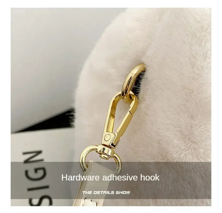 Women Faux Fur Plush Handbags Ruched Handle Small Lady Shoulder Crossbody Bag Casual Tote Half-Moon Hobos Winter Bags for Women