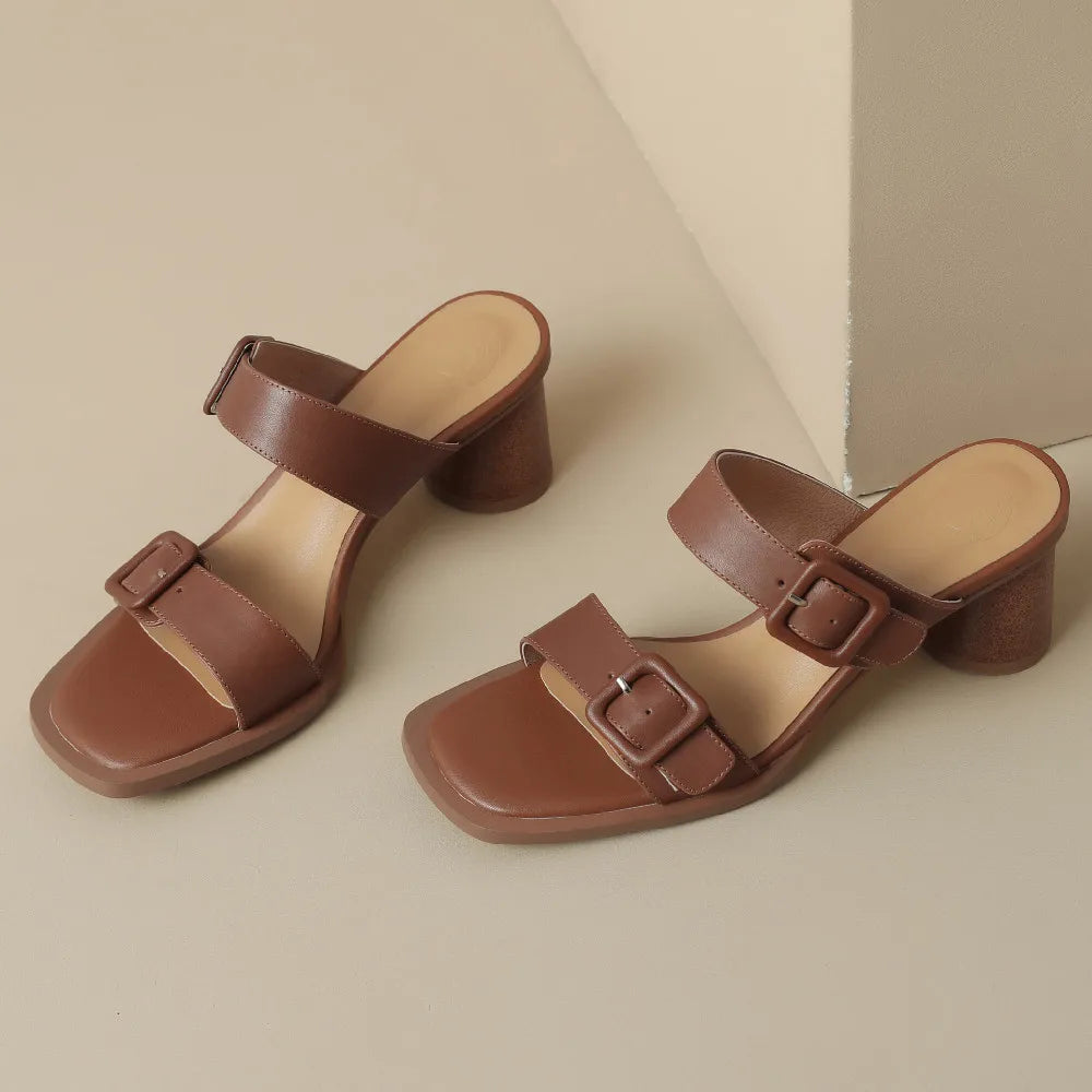 Women's sandals summer 2023 cow leather double metal belt 5.5cm thick med heel slip-on slippers elegant ladies slim daily pumps