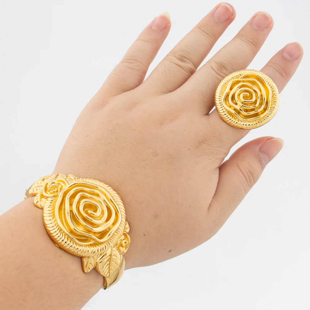 Brazilian Plated Bangle with Ring Jewelry for Ladies Exquisite Flower Design Hand Bracelet Finger Ring 2Pcs Set for Party