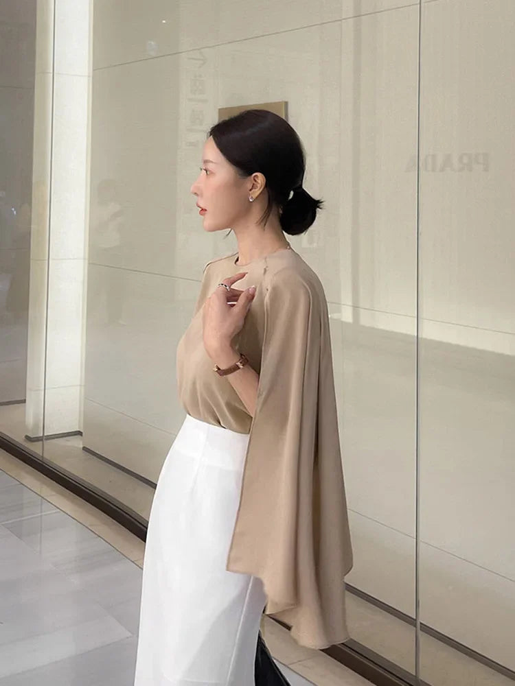 Women Blouse Summer Chiffon Loose Batwing Sleeve Office Ladies Cape Shirt Fashion Designed Tops New