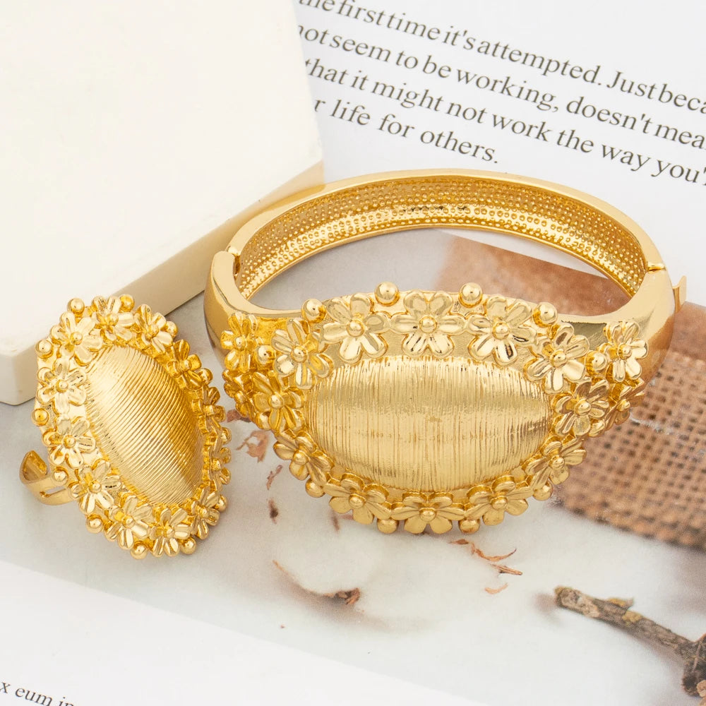 Brazilian Plated Bangle with Ring Jewelry for Ladies Exquisite Flower Design Hand Bracelet Finger Ring 2Pcs Set for Party