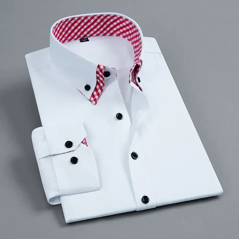 Men's Business Dress Shirt Long Sleeve Non Iron Fashion Double Layer Formal Regular Fit Office Camisa Social Solid Button Shirts
