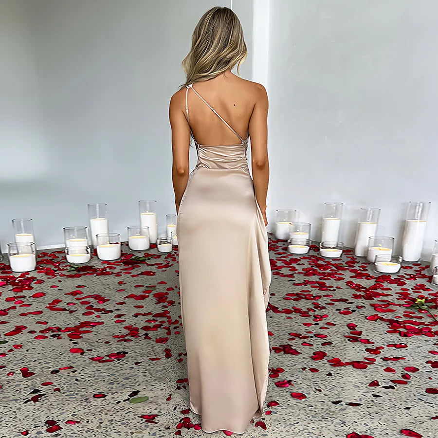 Sexy One Shoulder Satin Long Dress For Women Summer Sleeveless High Split Backless Party Evening Dresses Elegant Cocktail Dress