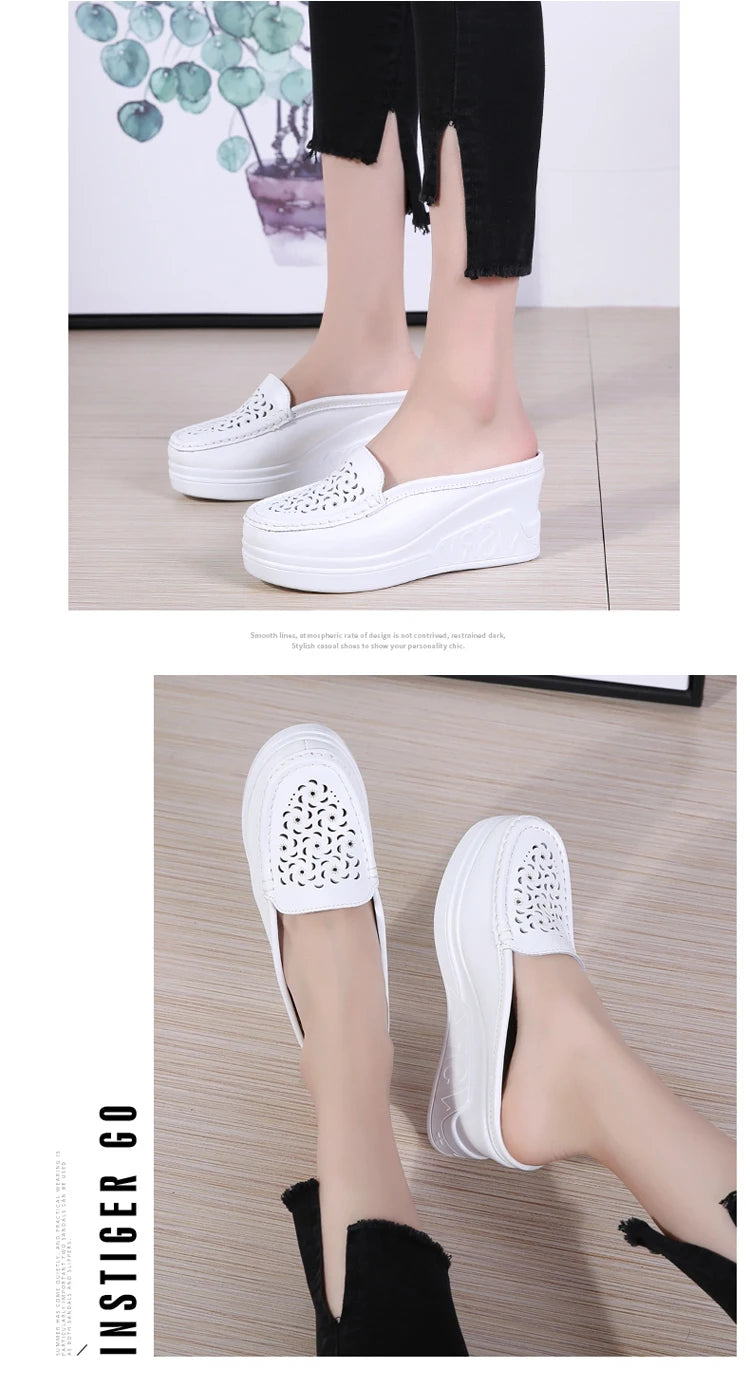 STRONGSHEN Women Slippers Casual Hollow Out Heel Wedge Thick Bottom Increase by 8cm Half Slippers Women's Non slip Fashion Shoes