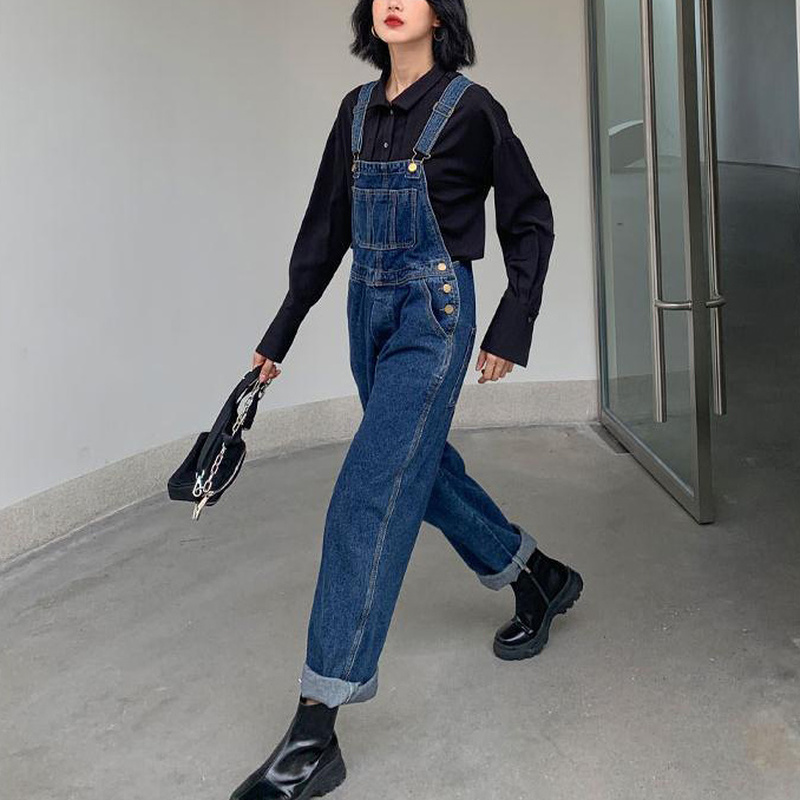 Jumpsuits Women Dark Blue Vintage Streetwear Harajuku Casual Fashion High Waist Loose Overalls Ulzzang Denim Suspenders Trousers