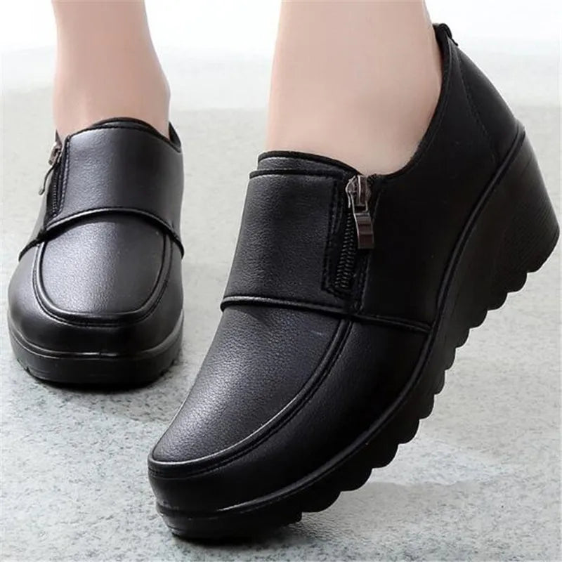 Classic Genuine Leather Women Shoes Round Toe Casual Comfortable Women's Wedge Shoes Spring Autumn Fashion Mother Shoes 10models