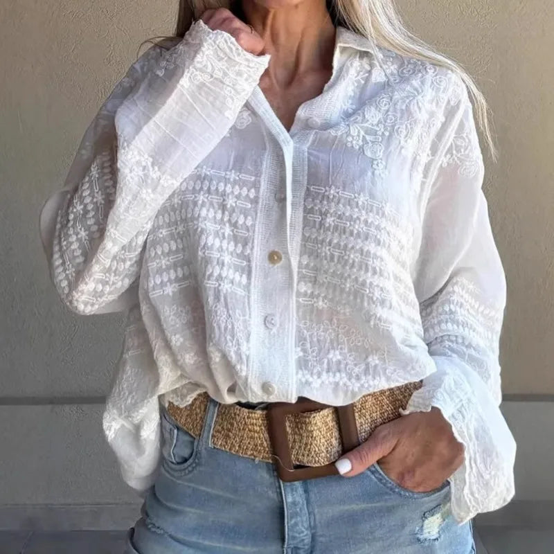 Women's Boho Embroidered Blouse Long Sleeve Button Down Shirt Casual Loose Fit Lace Trim White Cotton Top for Summer Vacation