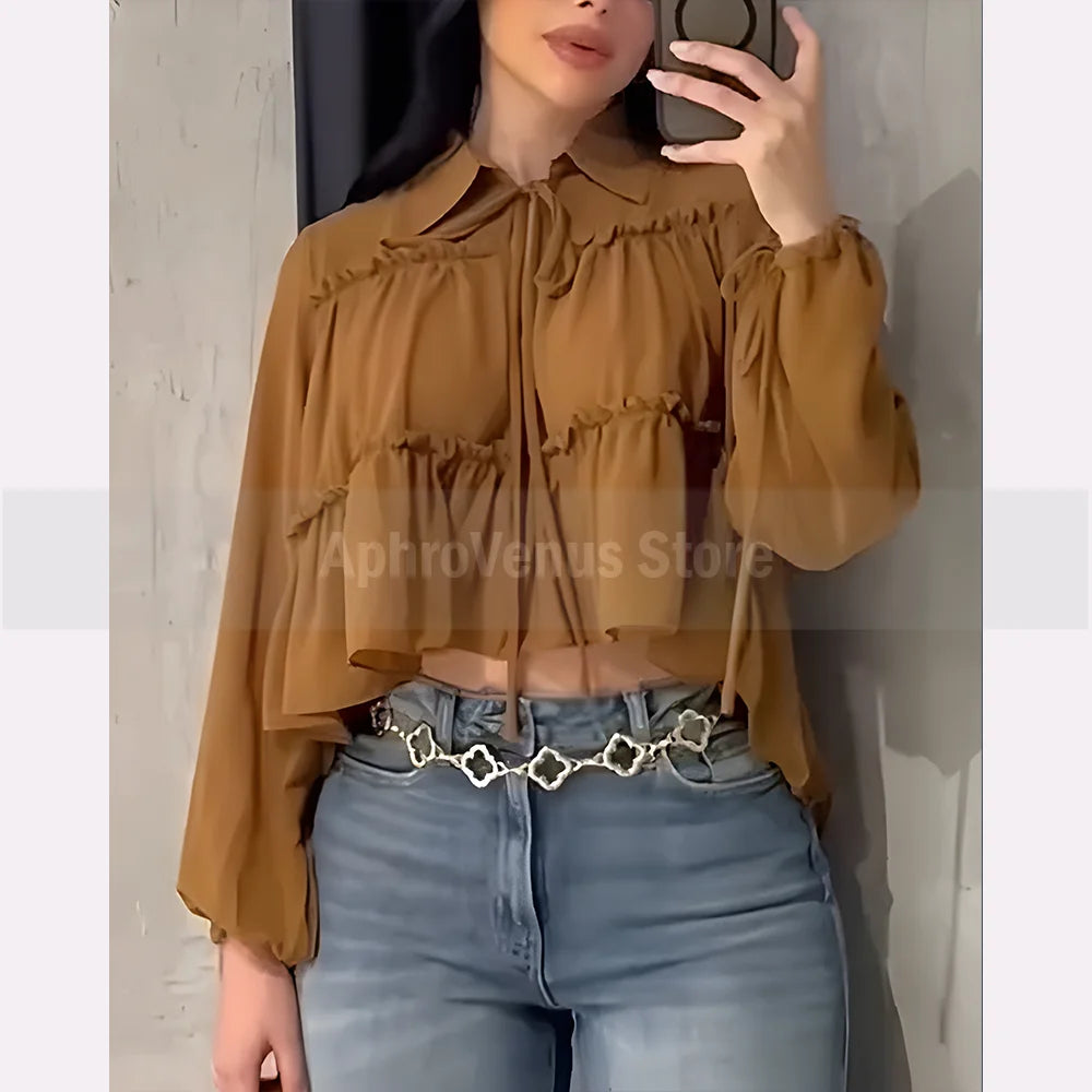 Ruffled Tiered Cropped Blouse for Women – Long Sleeve Collared Tie-Neck Chiffon Top Flowy Asymmetric Hem