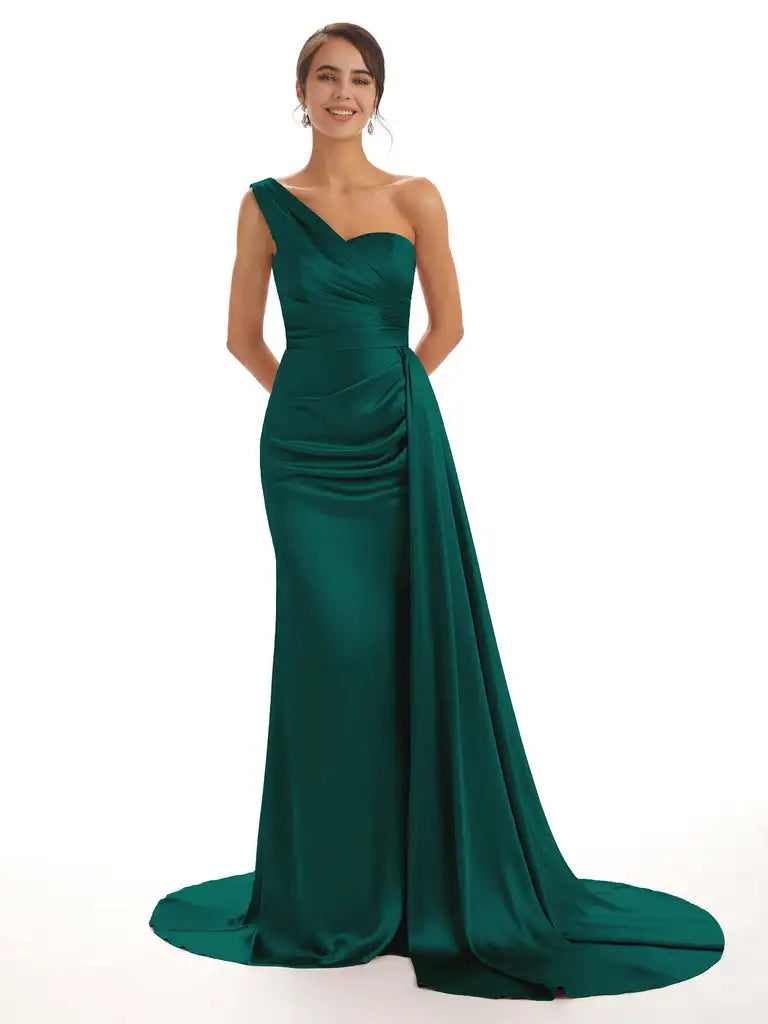 Satin One-Shoulder Bridesmaid Dresses Pleats Backless Sweep Train Formal Dress Elegant Sleeveless Bodycon Wedding Evening Gowns