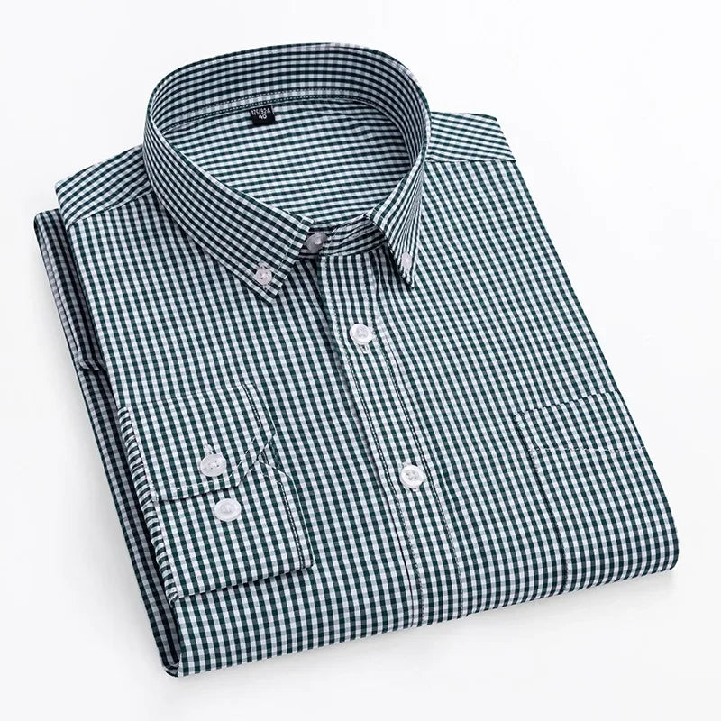 Thin Spring Summer 100% Cotton Shirts for Men Long Sleeve Checkered Dress Shirt Mens Blue Green  Men Clothing  Button Up Shirt