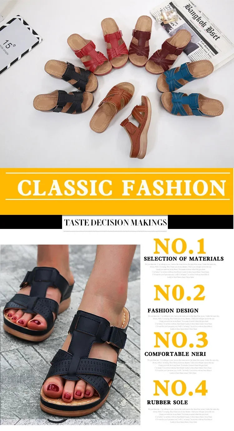 2024 Summer Women Wedge Sandals Premium Orthopedic Open Toe Sandals Vintage Anti-slip Leather Casual Female Platform Retro Shoes