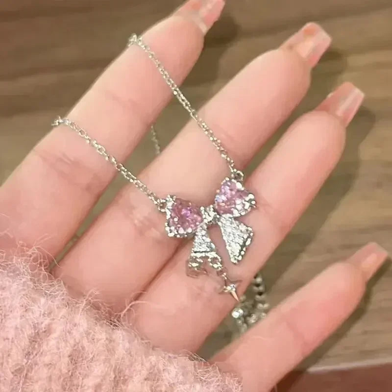 2pcs Set Fashion Bowknot Necklace Rings Set Crystal Bow Knot Pendant Necklaces Adjustable Bow Rings Fairy Shiny Pink Jewelry