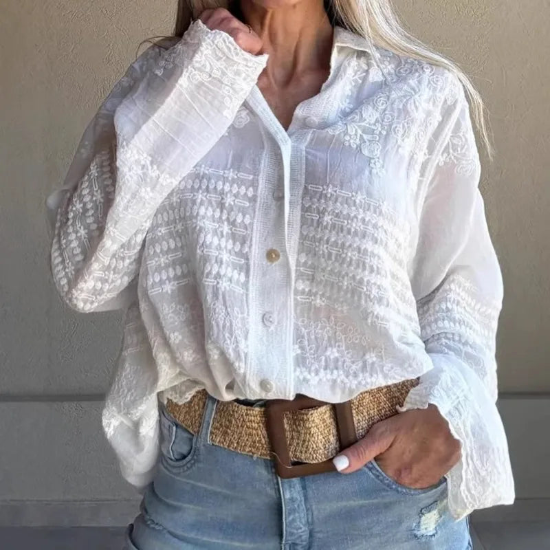 Women's Boho Embroidered Blouse Long Sleeve Button Down Shirt Casual Loose Fit Lace Trim White Cotton Top for Summer Vacation