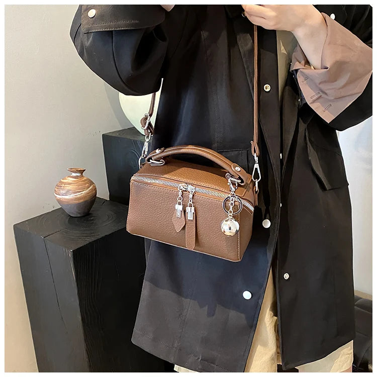 Classic Black Square Handbags for Women Autumn New Versatile Small Single Shoulder Crossbody Bags with Elegant Ball Pendant