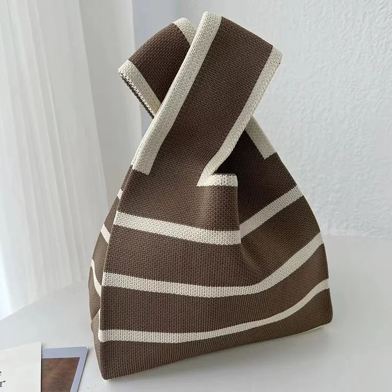 Women'S Knot Wrist Tote Bags Handmade Knitted Bag Portable Mini Striped Bucket Phone Bags Large Capacity Spring Summer Handbags