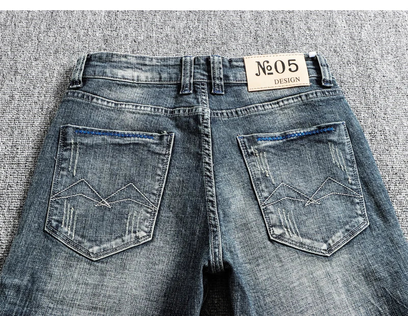 Italian Style Fashion Men Jeans Retro Blue Elastic Slim Fit Ripped Jeans Men Trousers Vintage Designer Casual Denim Pants Hombre