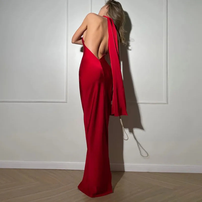 Trendy Woman Clothes 2025 Spring Sexy Solid Satin Slim Bodycon Long Dress New Summer Halter Ribbon Backless Hollow Evening Dress
