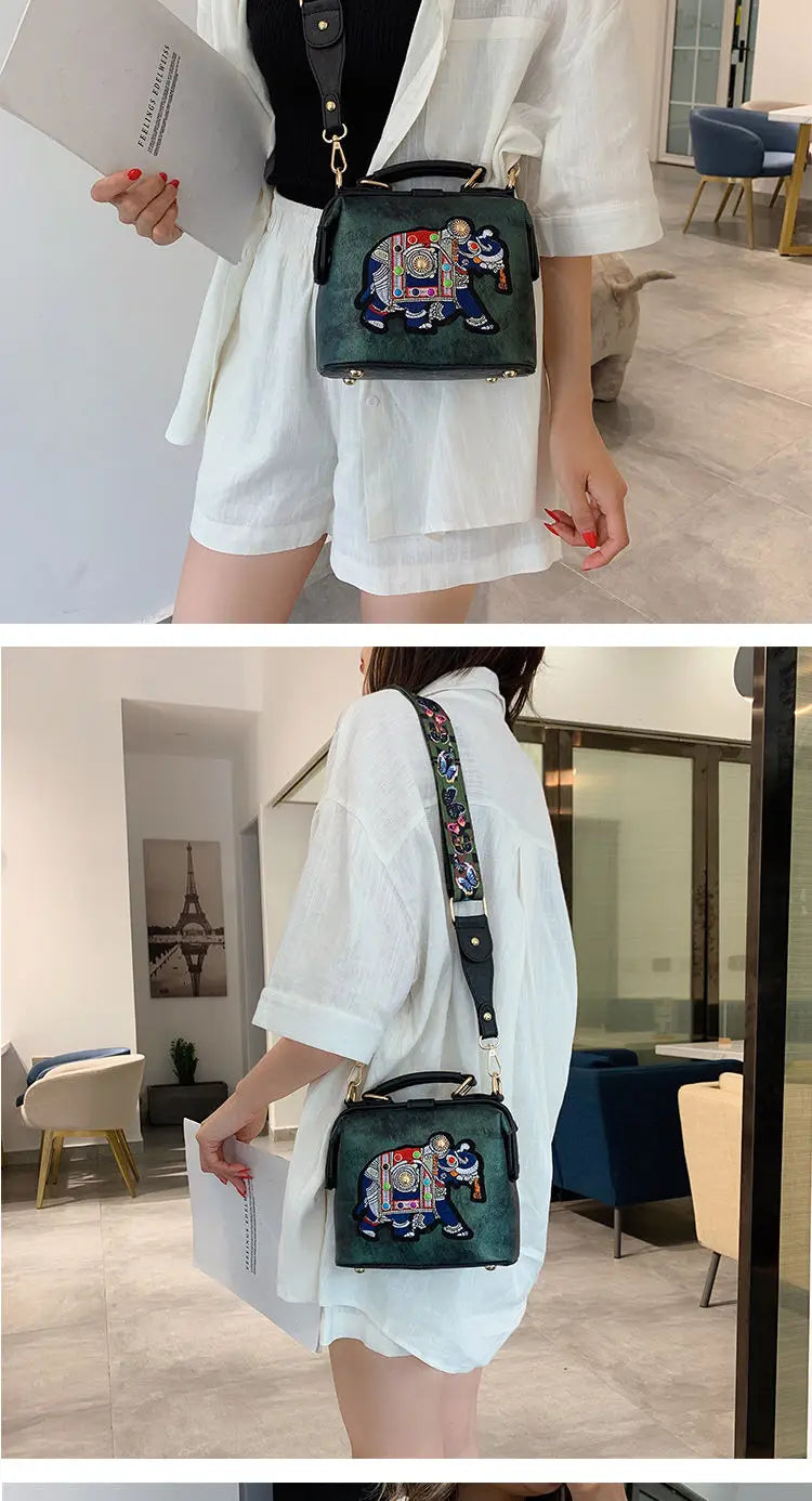 Women Leather Handbag Messenger Bag Purses Satchels Designer Luxury Handbags Crossbody Bags Elephant Embroidered Bags 2023 New